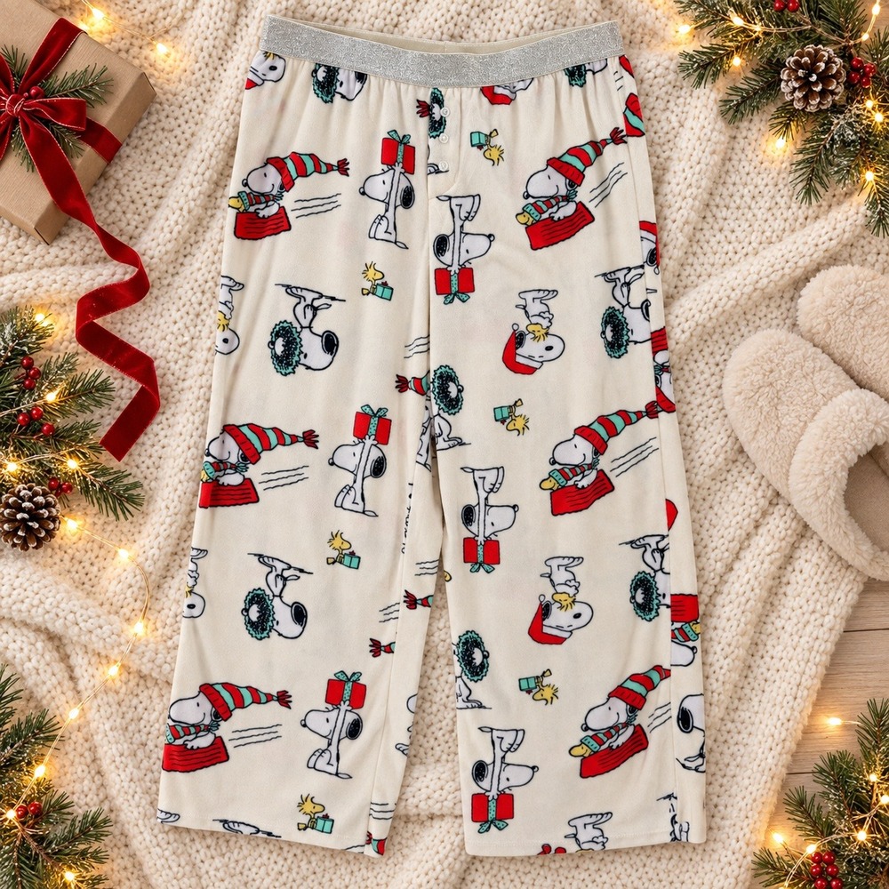 Peanuts Snoopy Christmas Pajama Pants L Ivory Fleece Holiday Cozy Lounge
